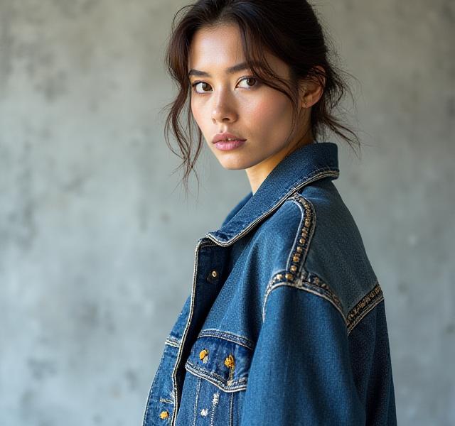 Model wearing upcycled denim jacket